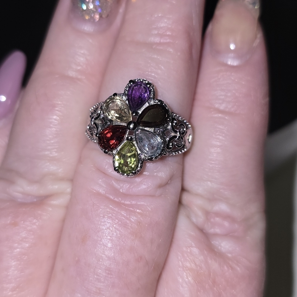 🆕️ Size 7 Multi Gemstone Floral Ring in Stainless Steel 2.85 ctw